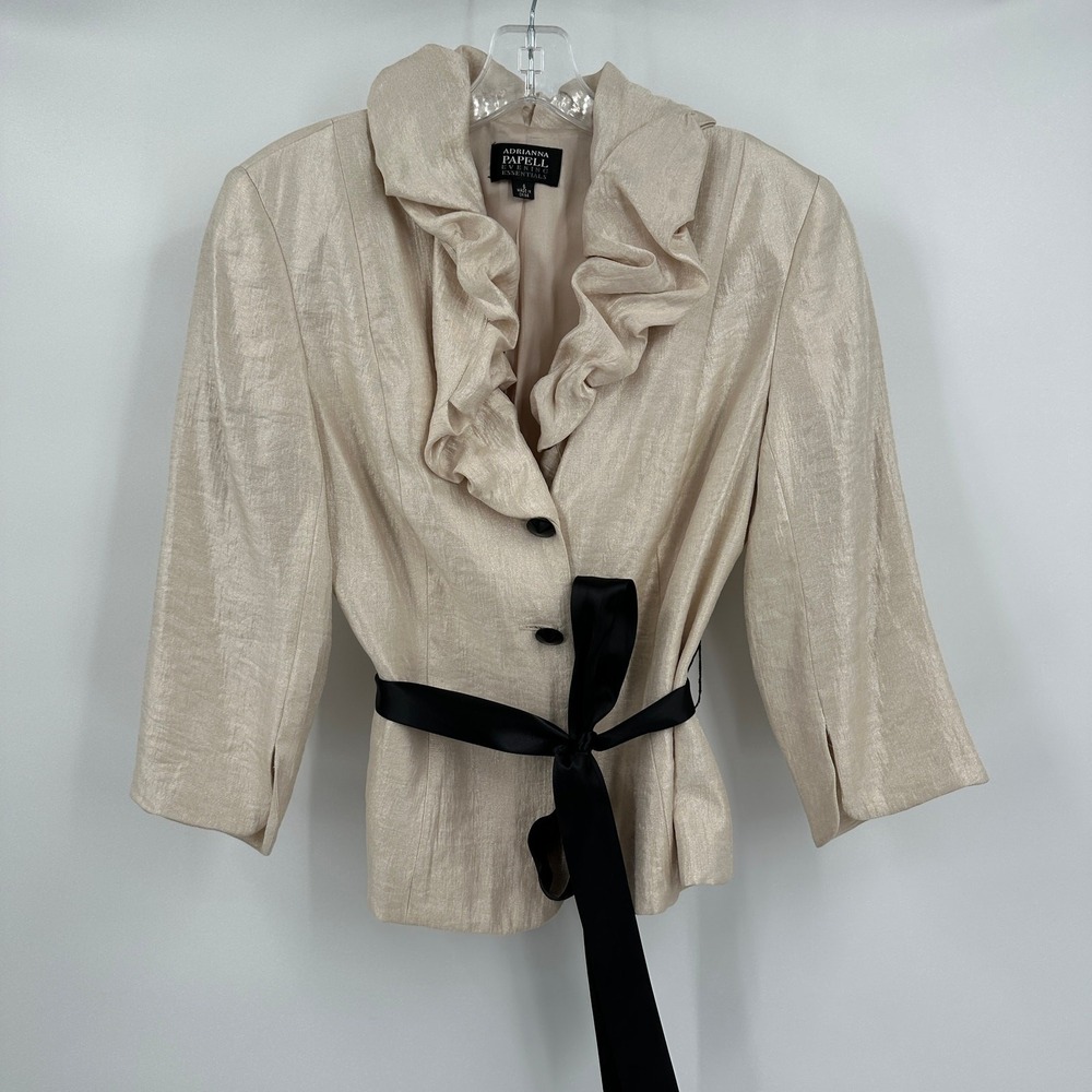 Adrianna Papell Womens Blazer Size 6 Old Money Elegant Ruffle Formal Champagne
